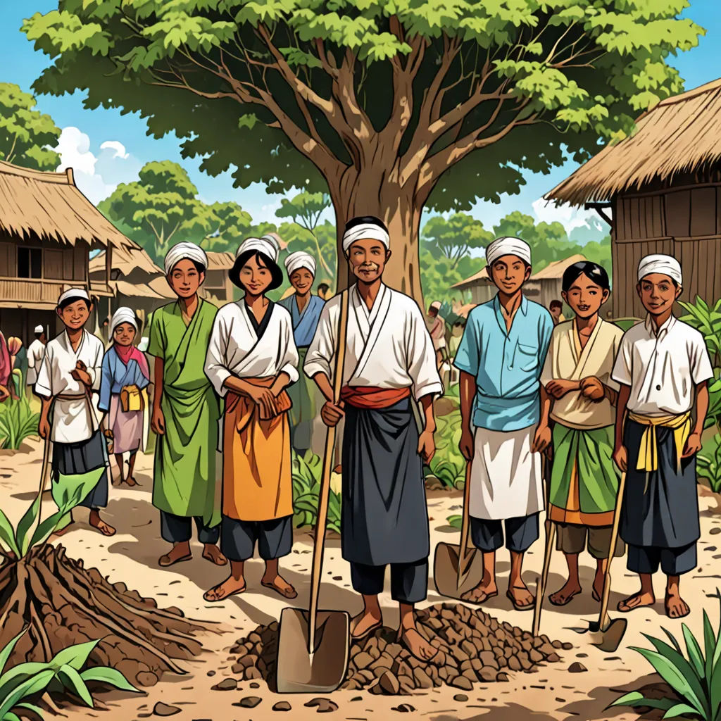 a group of people standing around a tree in a village with a shovel in hand and a tree in the background, primitivism, an illustration of, Baiōken Eishun, official art