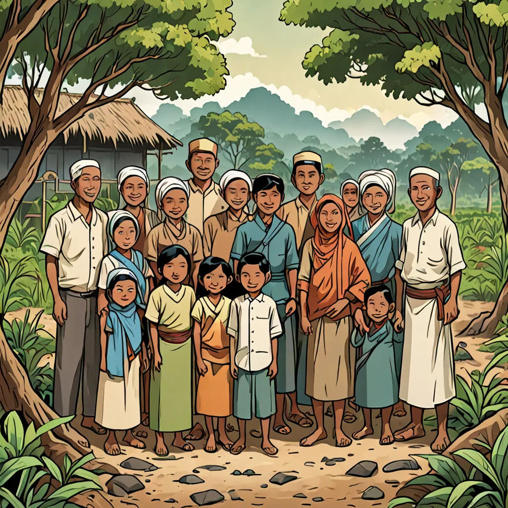 a group of people standing in front of a forest with a hut in the background and trees in the foreground, sumatraism, a storybook illustration, Asaf Hanuka, comic cover art