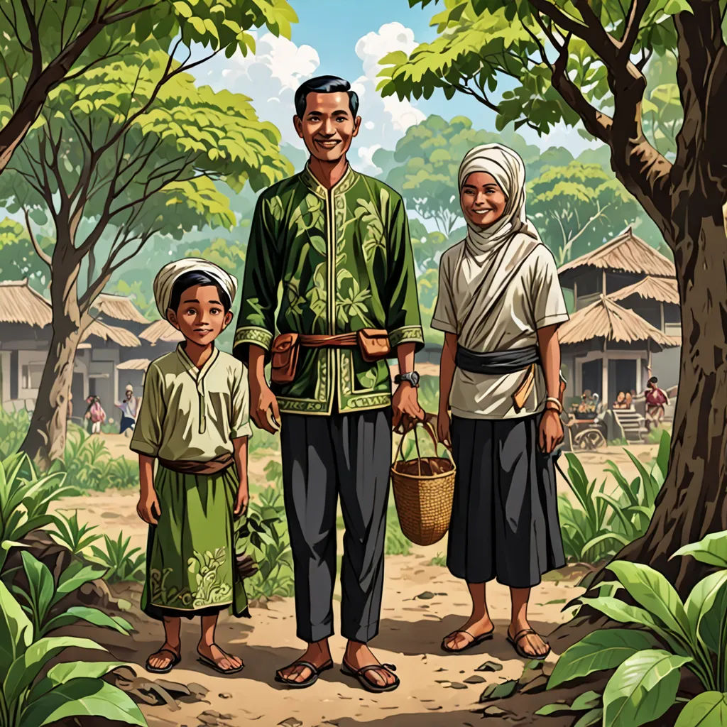 a man and two children standing in a forest with a man holding a basket and a woman holding a basket, sumatraism, a storybook illustration, Basuki Abdullah, high detail illustration