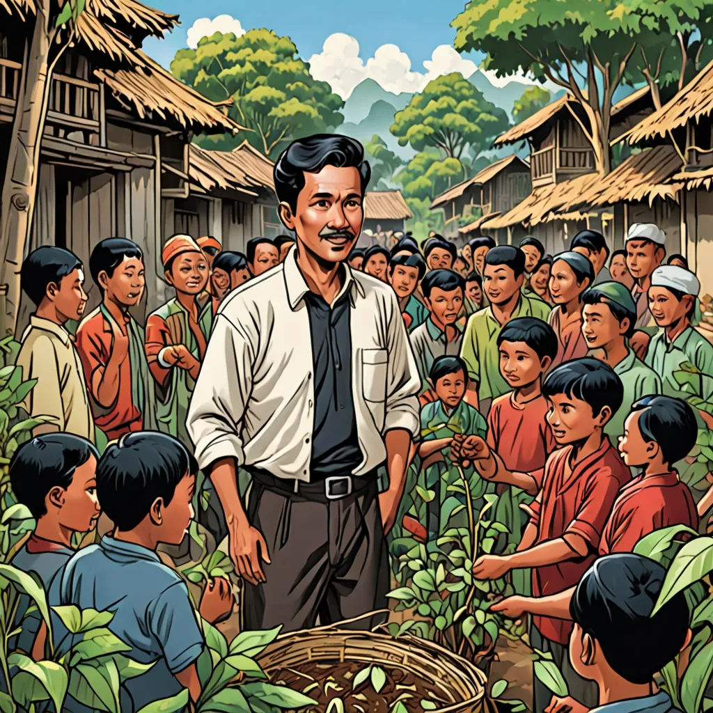 a man standing in front of a group of people in a village with a bird nest in his hand, socialist realism, a storybook illustration, Basuki Abdullah, comic cover art