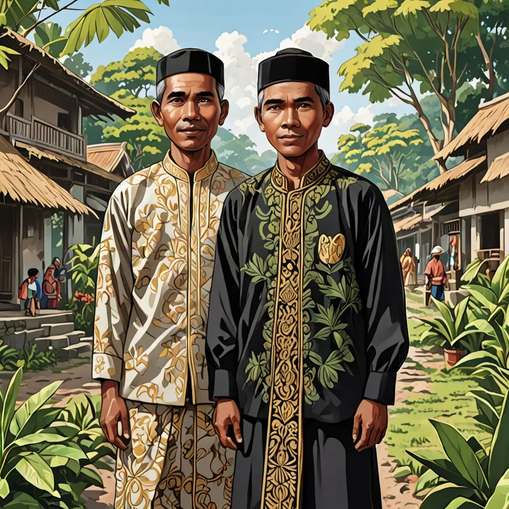 two men standing next to each other in front of a house and trees with a sky background and a painting of a village, sumatraism, an illustration of, Basuki Abdullah, high detail illustration