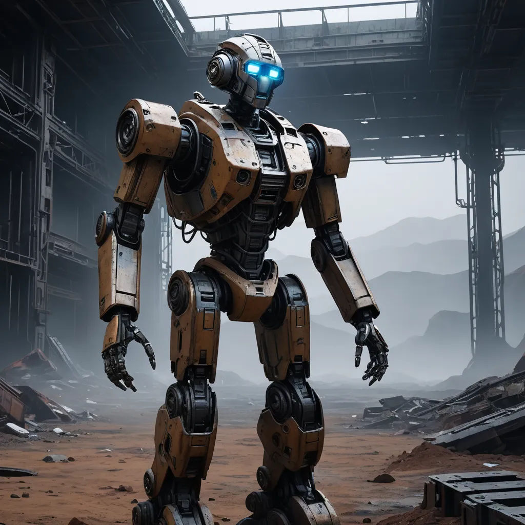 a robot standing in a dirty area with a building in the background and a sky background with a few clouds, antipodeans, concept art, Beeple, unreal engine 5 rendered