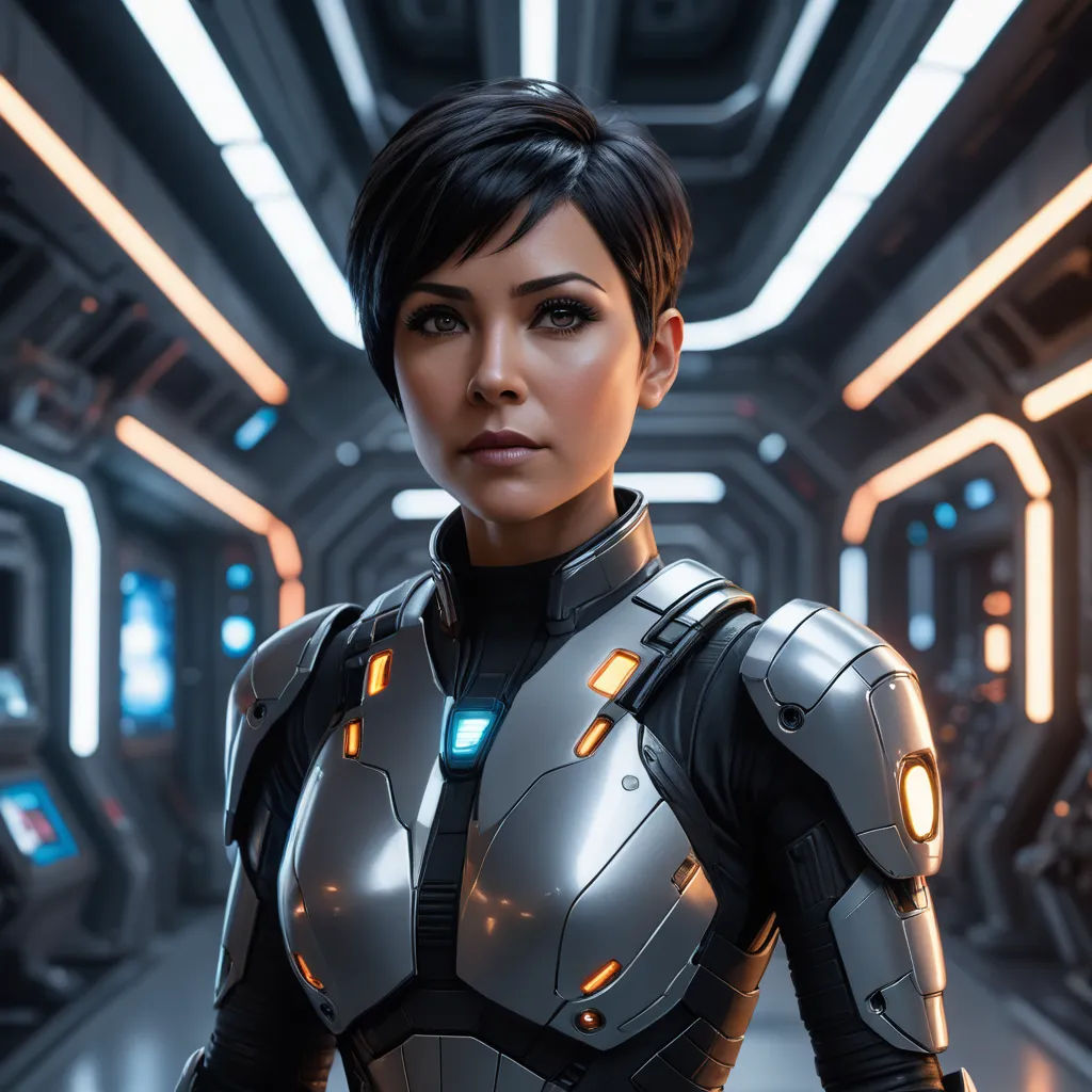 a woman in a futuristic suit standing in a hallway with lights on her chest and a sci - fi fi look on her face, retrofuturism, a character portrait, Eve Ryder, unreal engine 5 quality render