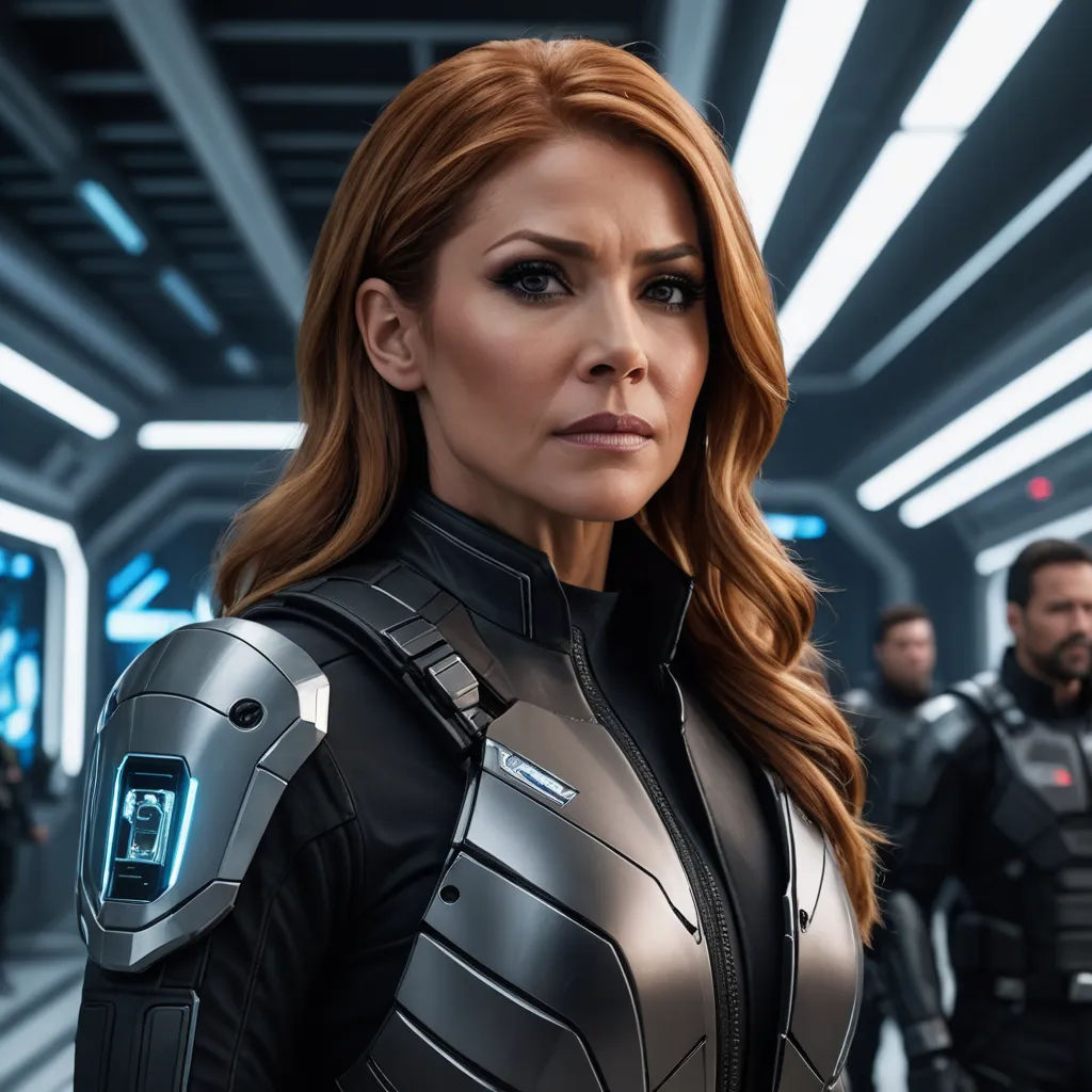 a woman in a black suit standing in a room with other people in the background and a man in a suit, antipodeans, a character portrait, Eve Ryder, promotional image