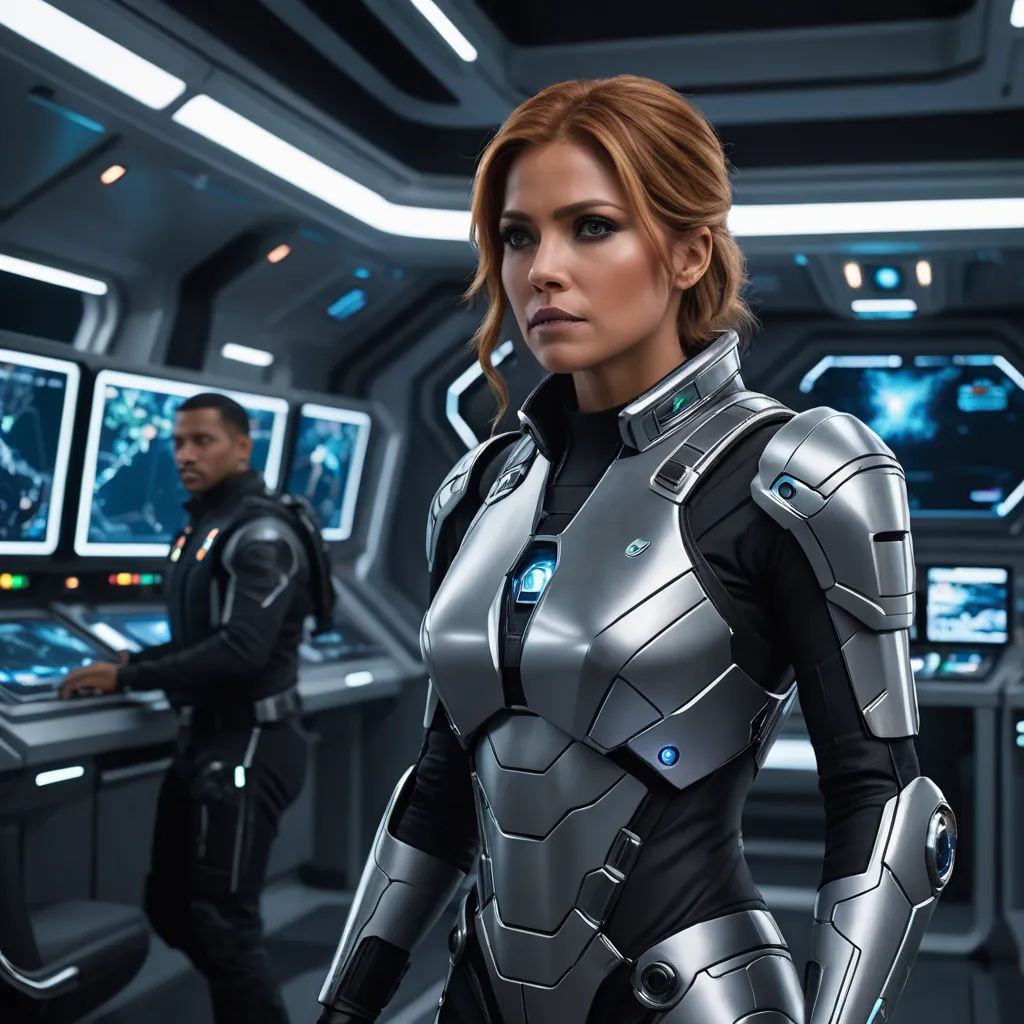 a woman in a futuristic suit standing in front of a man in a suit in a sci - fi fi setting, futurism, a character portrait, Eve Ryder, promotional image