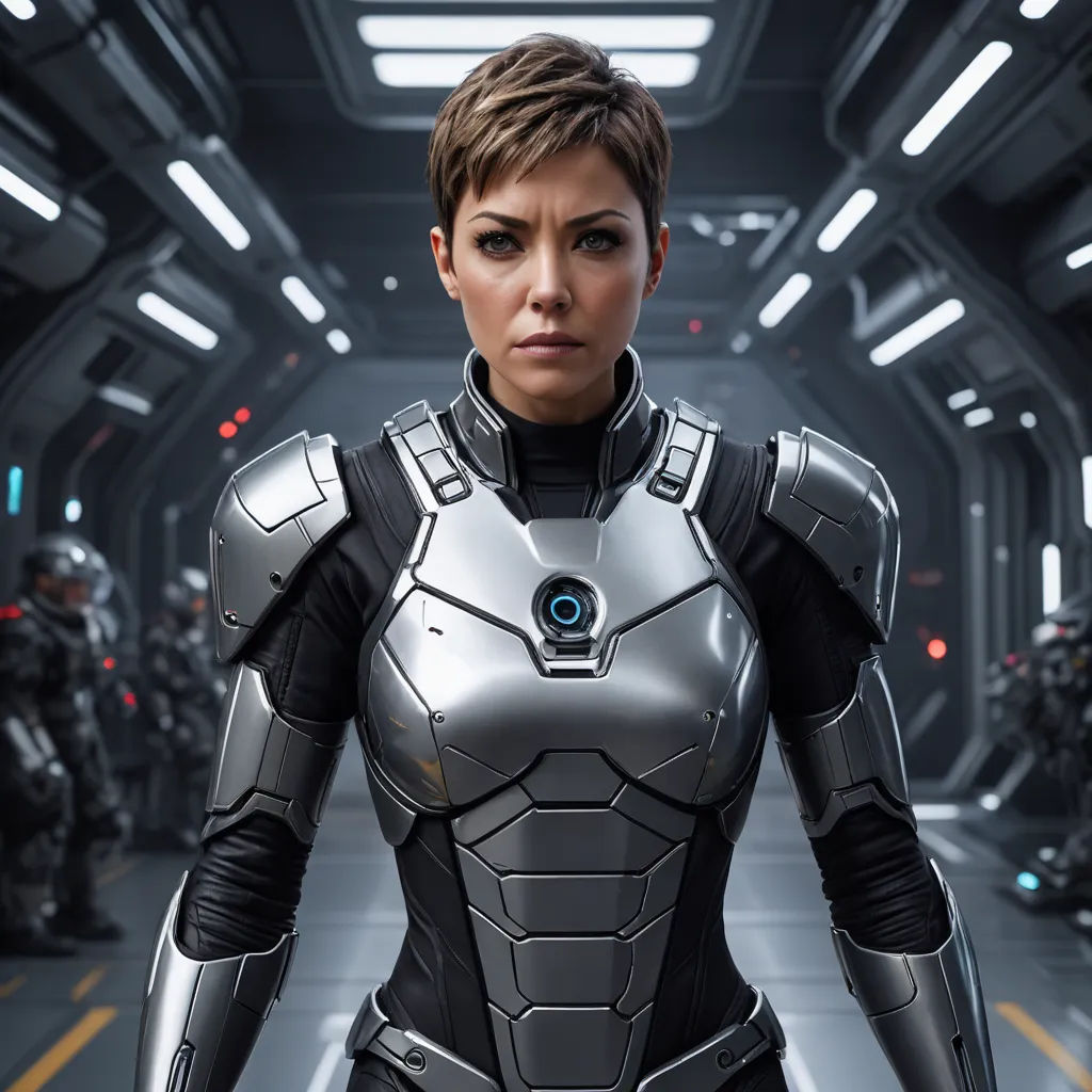 a woman in a futuristic suit standing in a hallway with other people in the background and a sci - fi theme, antipodeans, a character portrait, Eve Ryder, promotional image