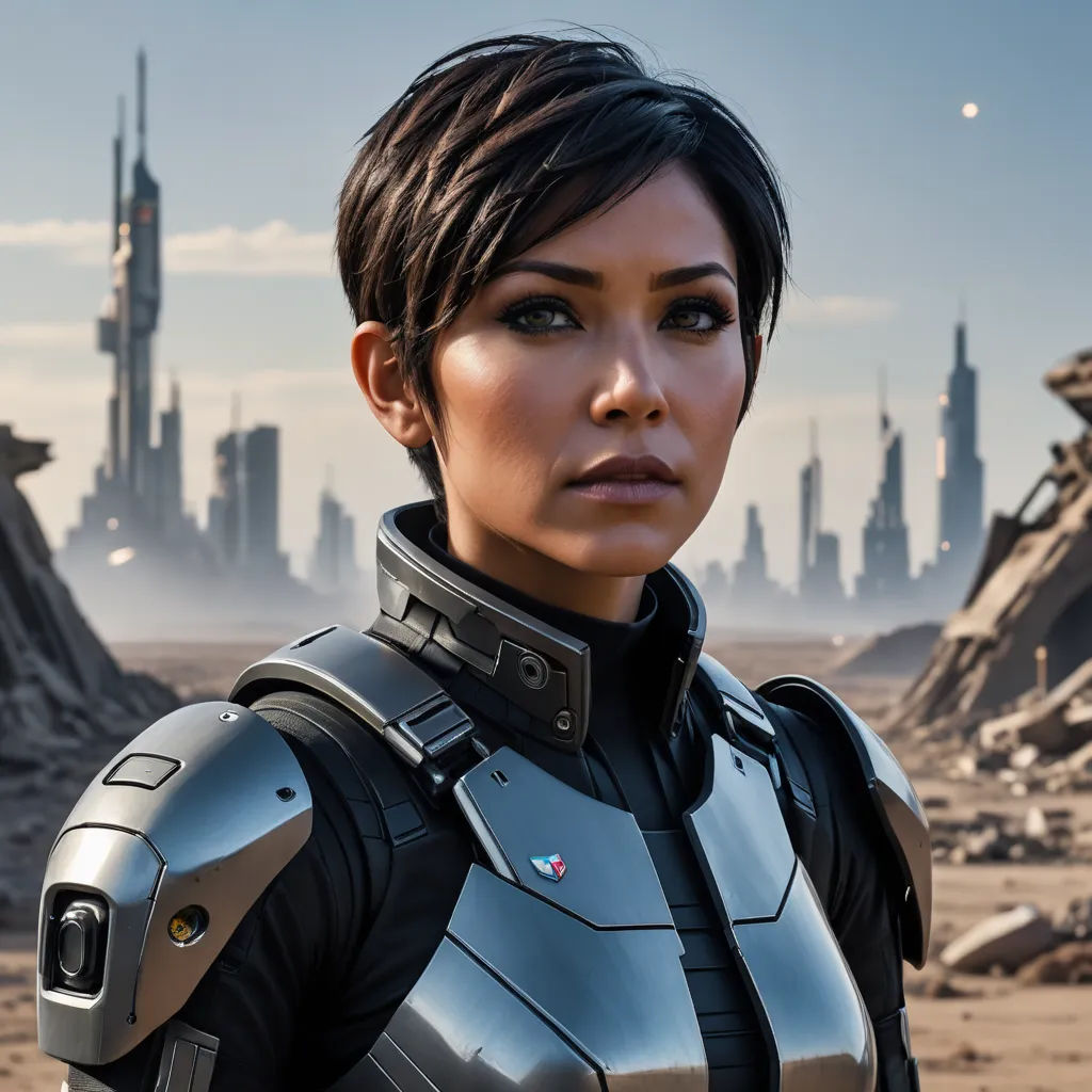 a woman in a futuristic suit standing in front of a cityscape with a futuristic city in the background, retrofuturism, a character portrait, Eve Ryder, mass effect