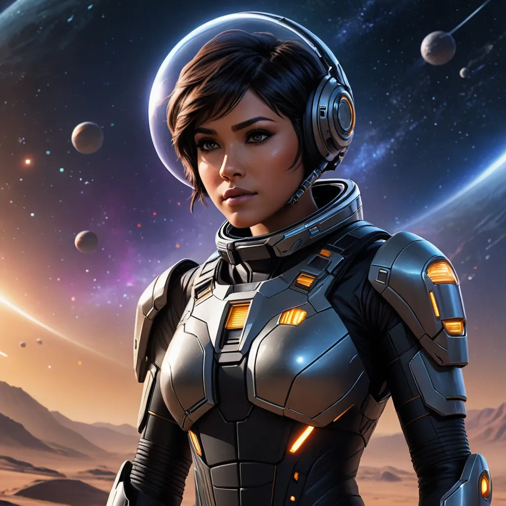 a woman in a space suit standing in front of a planet with planets in the background and a distant sky, space art, a character portrait, Eve Ryder, mass effect