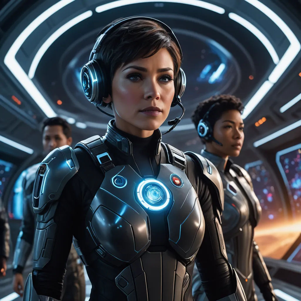 a woman in a futuristic suit with headphones on and a man in a space suit behind her in a sci - fi setting, afrofuturism, computer graphics, Eve Ryder, promotional image