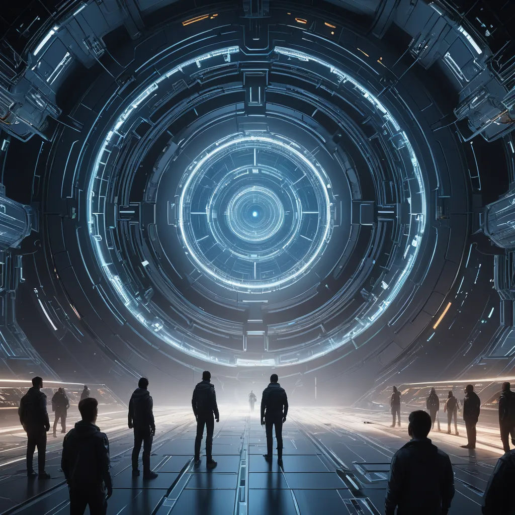 a group of people standing in a tunnel with a light at the end of it and a circular tunnel in the middle, space art, computer graphics, Filip Hodas, star citizen halo
