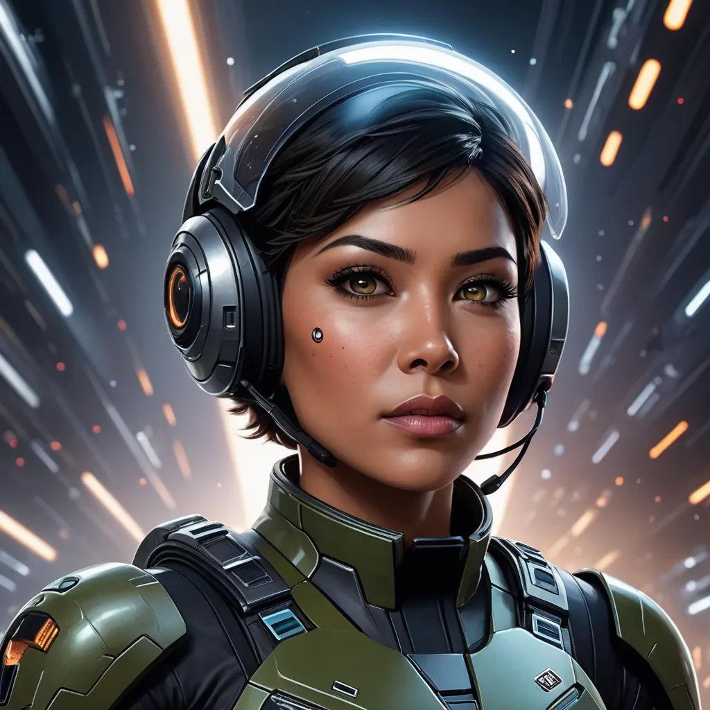 a woman in a space suit with headphones on and a star background with lights and stars in the sky, space art, a character portrait, Eve Ryder, professional digital painting