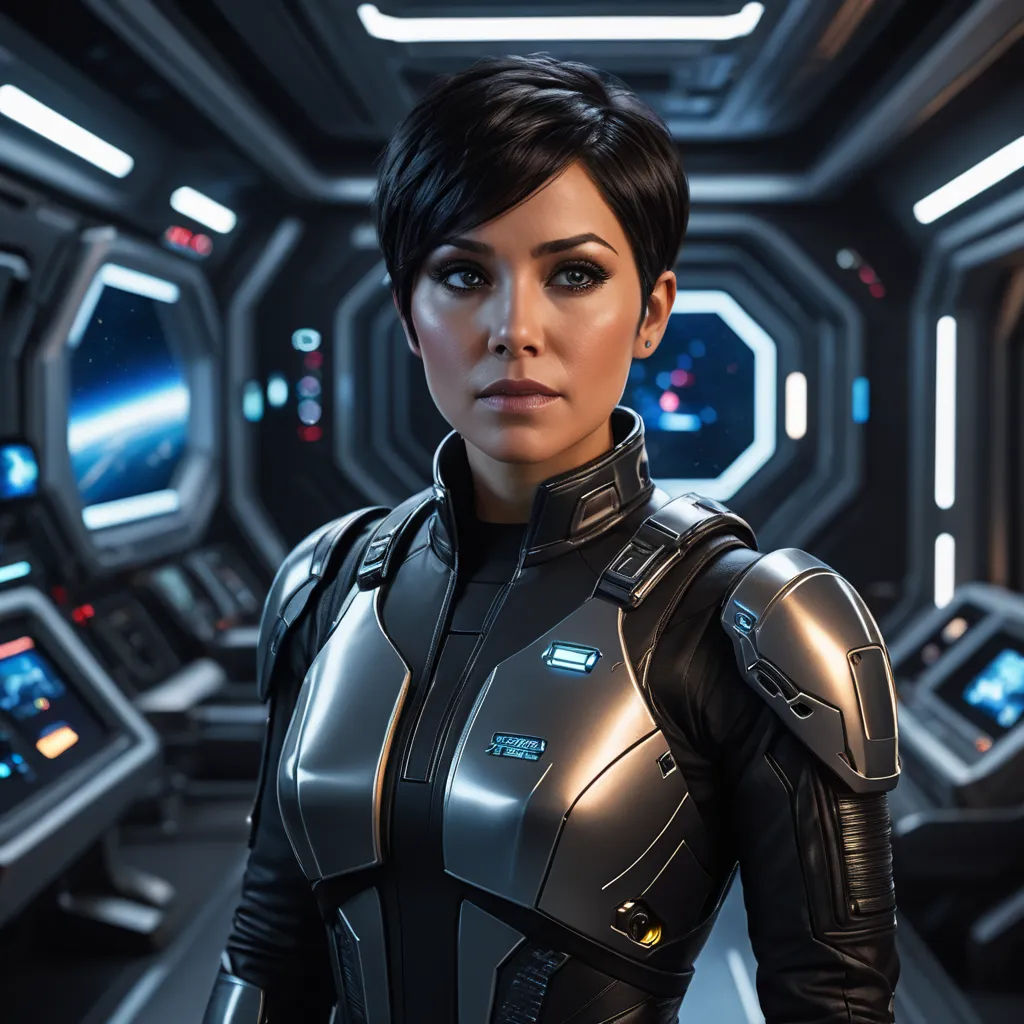 a woman in a futuristic suit standing in a space station with a sci - fi fi fi background and lights, space art, a character portrait, Eve Ryder, promotional image