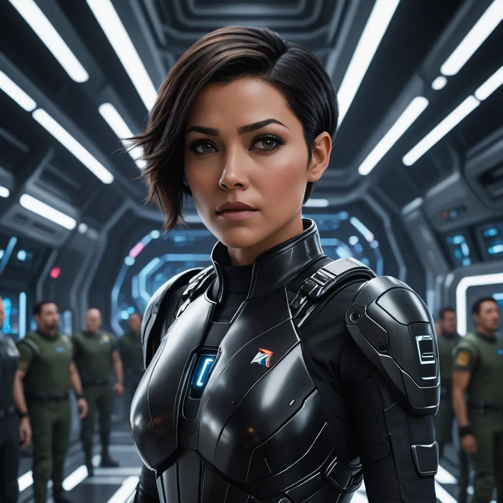 a woman in a futuristic suit standing in a room with other people in the background and a sci - fi theme, futurism, a character portrait, Eve Ryder, promotional image