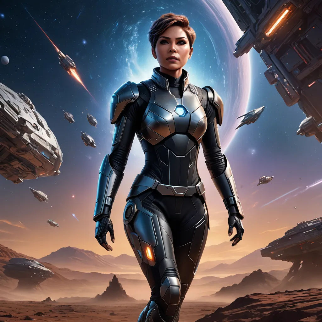 a woman in a futuristic suit walking through a desert area with a spaceship in the background and a distant planet in the background, space art, concept art, Eve Ryder, key art