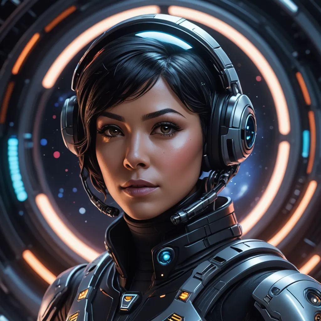 a woman in a sci - fi fi outfit with headphones on her head and a futuristic background with circles, space art, cyberpunk art, Eve Ryder, trending on artstation hq