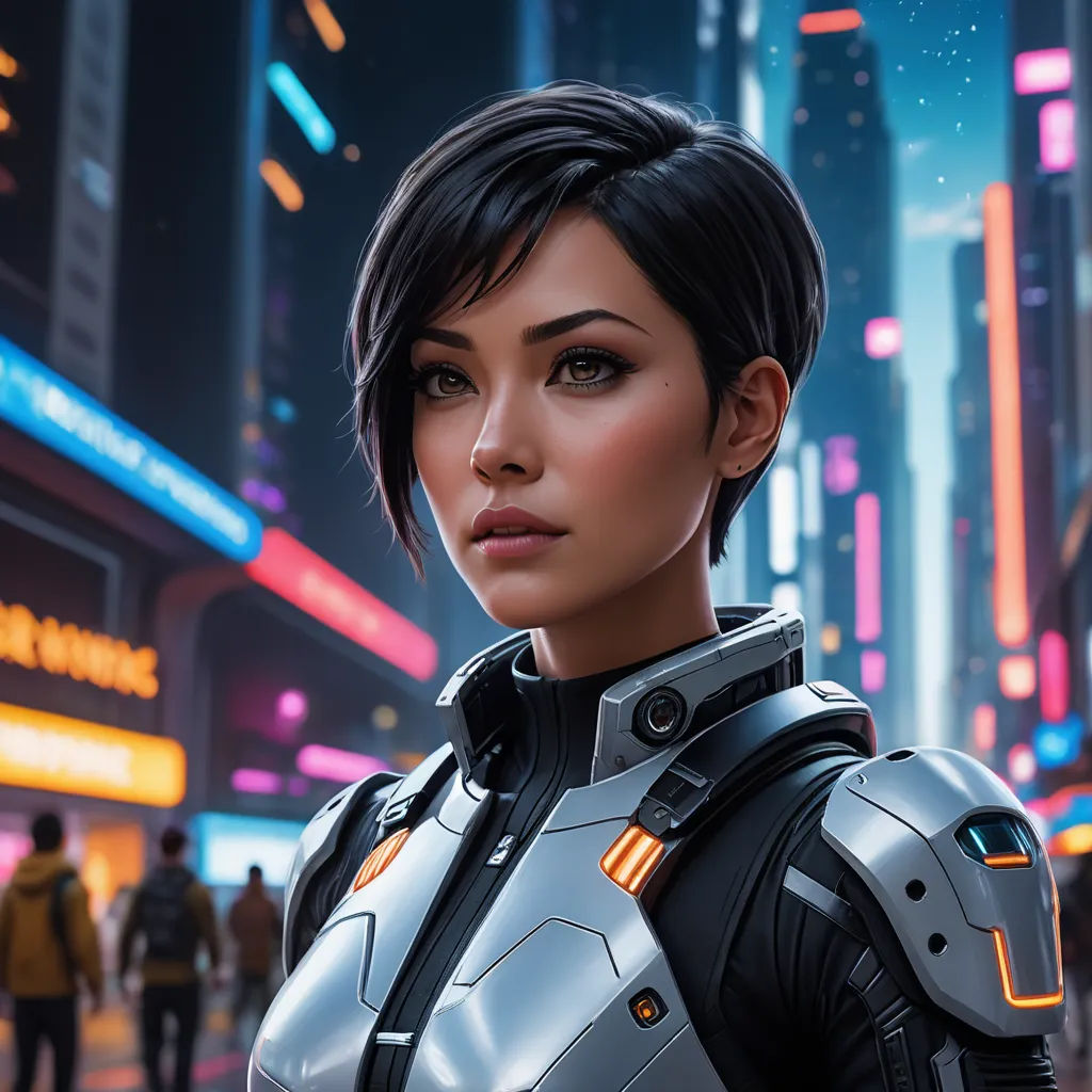 a woman in a futuristic suit standing in a city at night with neon lights on the buildings and people walking around, retrofuturism, cyberpunk art, Cedric Peyravernay, stanley artgerm lau