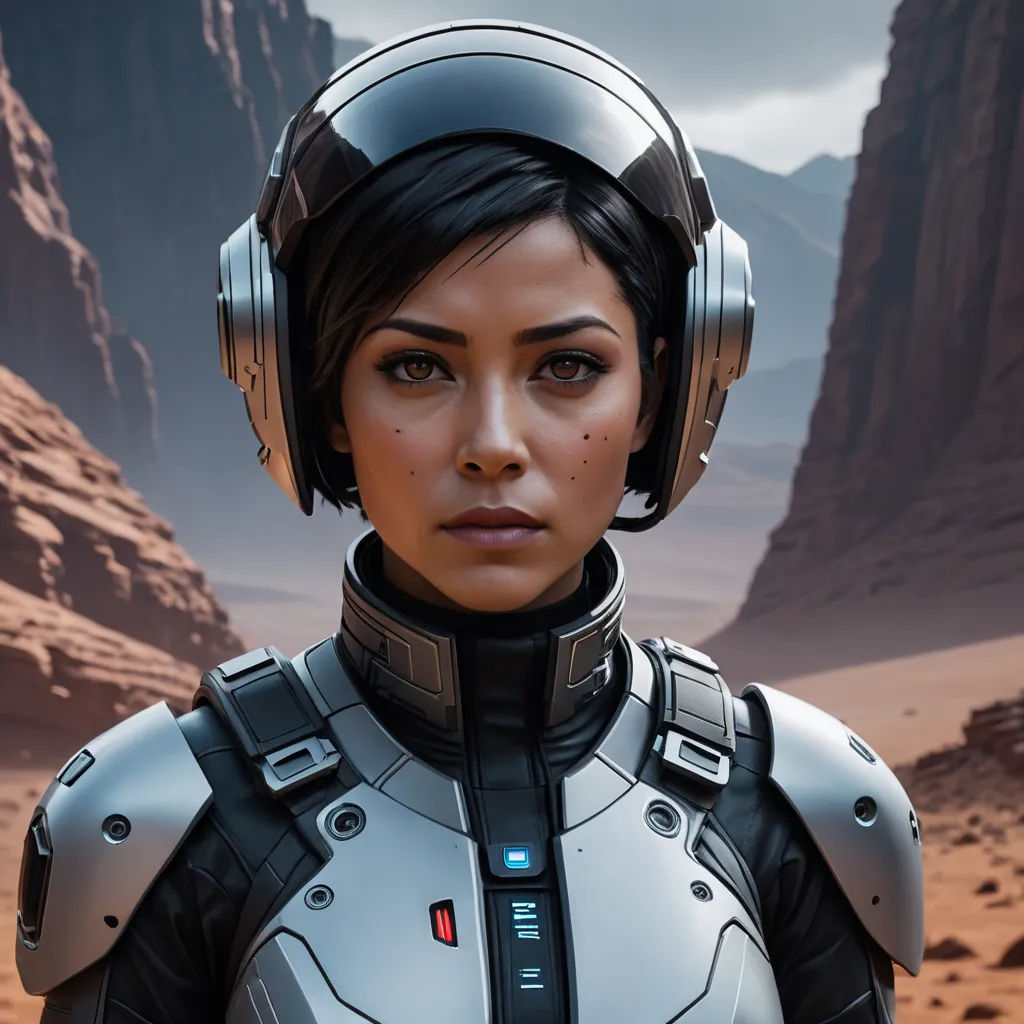 a woman in a futuristic suit and helmet standing in a desert area with mountains in the background and a mountain range in the distance, photorealism, a character portrait, Eve Ryder, unreal engine 5 highly rendered