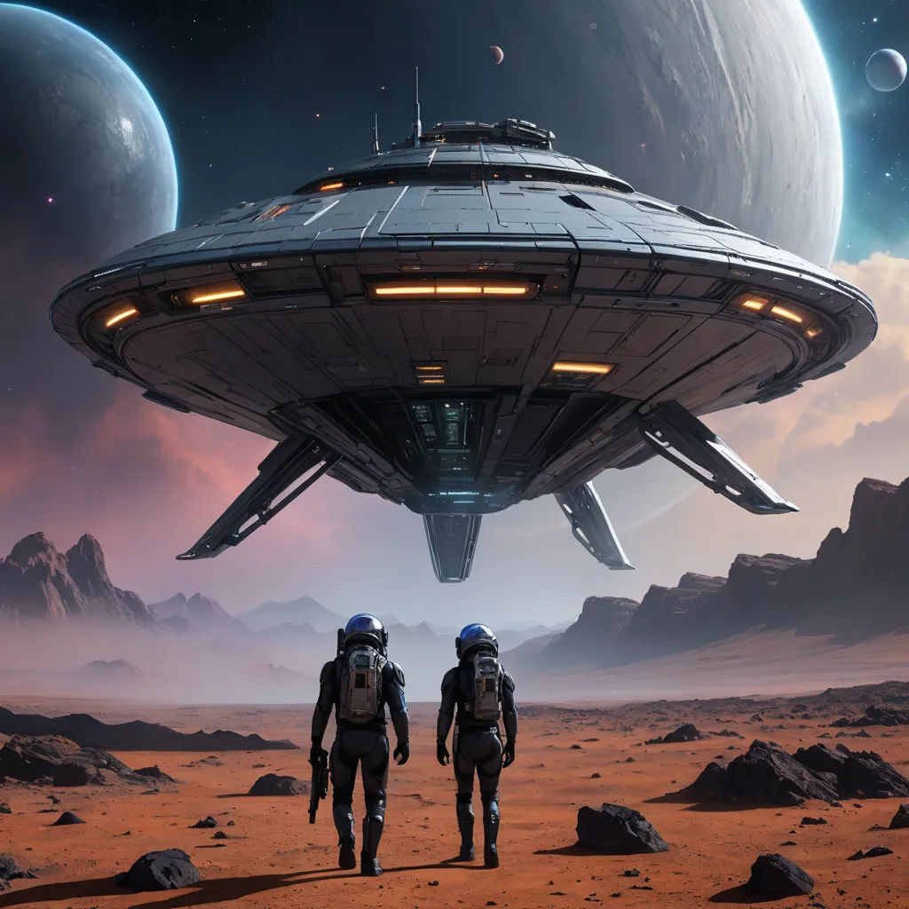 two people in space suits walking towards a large object in the distance with mountains and planets in the background, space art, concept art, Eve Ryder, promotional image