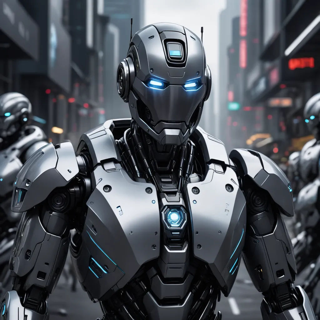 a robot standing in the middle of a city street with other robots behind him and a city street in the background, antipodeans, a computer rendering, Beeple, unreal engine 5 highly rendered