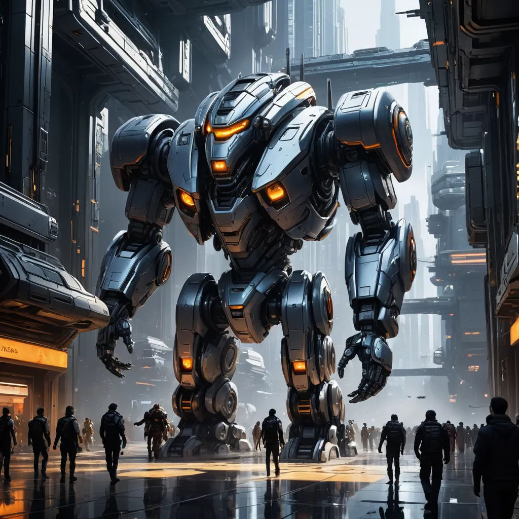a futuristic robot with glowing eyes and a large body of metal in a city setting with people walking around, futurism, cyberpunk art, Eve Ryder, mecha