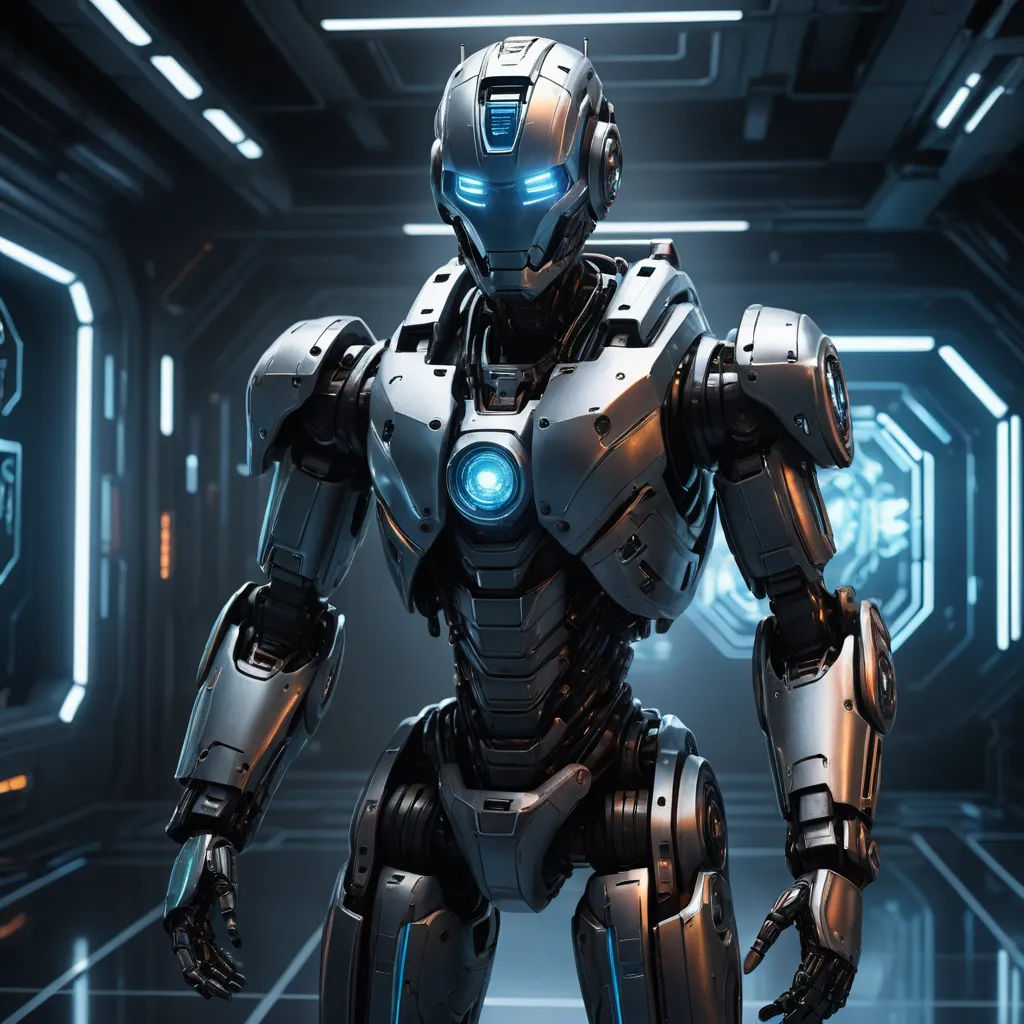 a robot standing in a futuristic looking room with a light on his face and a glowing light on his chest, les automatistes, a 3D render, Beeple, unreal engine 5 highly rendered