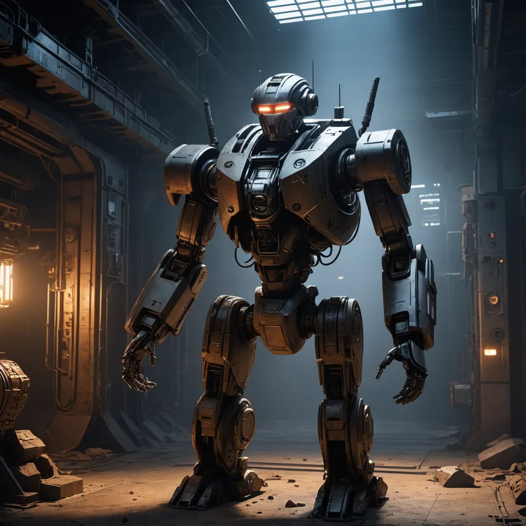 a robot standing in a dimly lit room with a light on it's head and arms and legs, antipodeans, concept art, Cedric Peyravernay, unreal 5