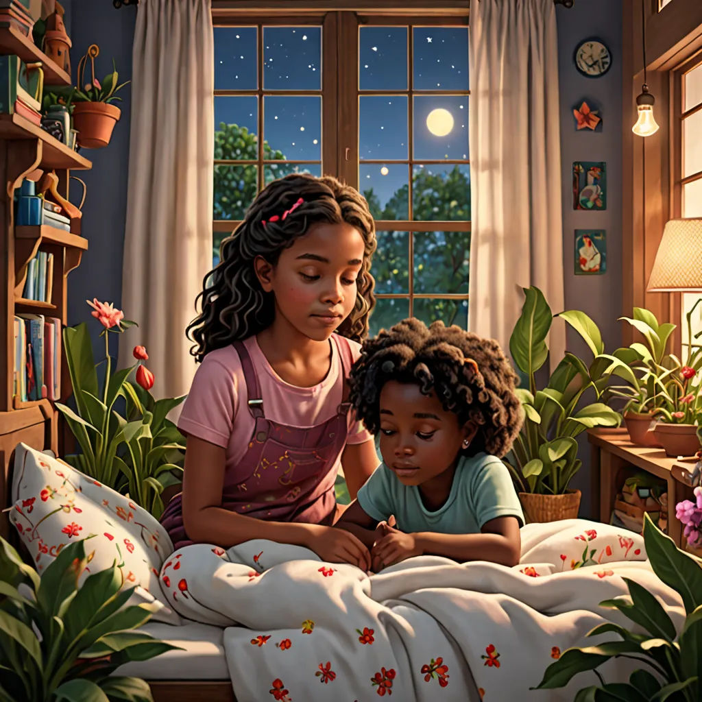 a painting of two girls sitting on a bed looking at a book together in a bedroom with a window, american scene painting, a storybook illustration, Ella Guru, storybook illustration
