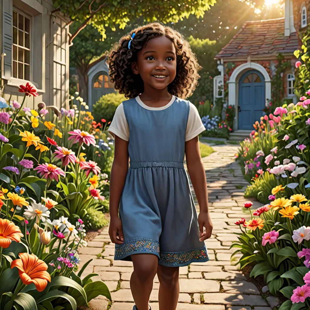 a young girl standing in a garden with flowers and a house in the background with a blue door and window, american impressionism, a storybook illustration, disney, promotional image