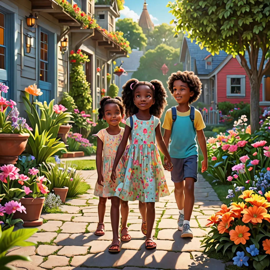 three children walking down a brick path in a garden with flowers and a house in the background with a clock tower, american scene painting, poster art, disney, promotional image