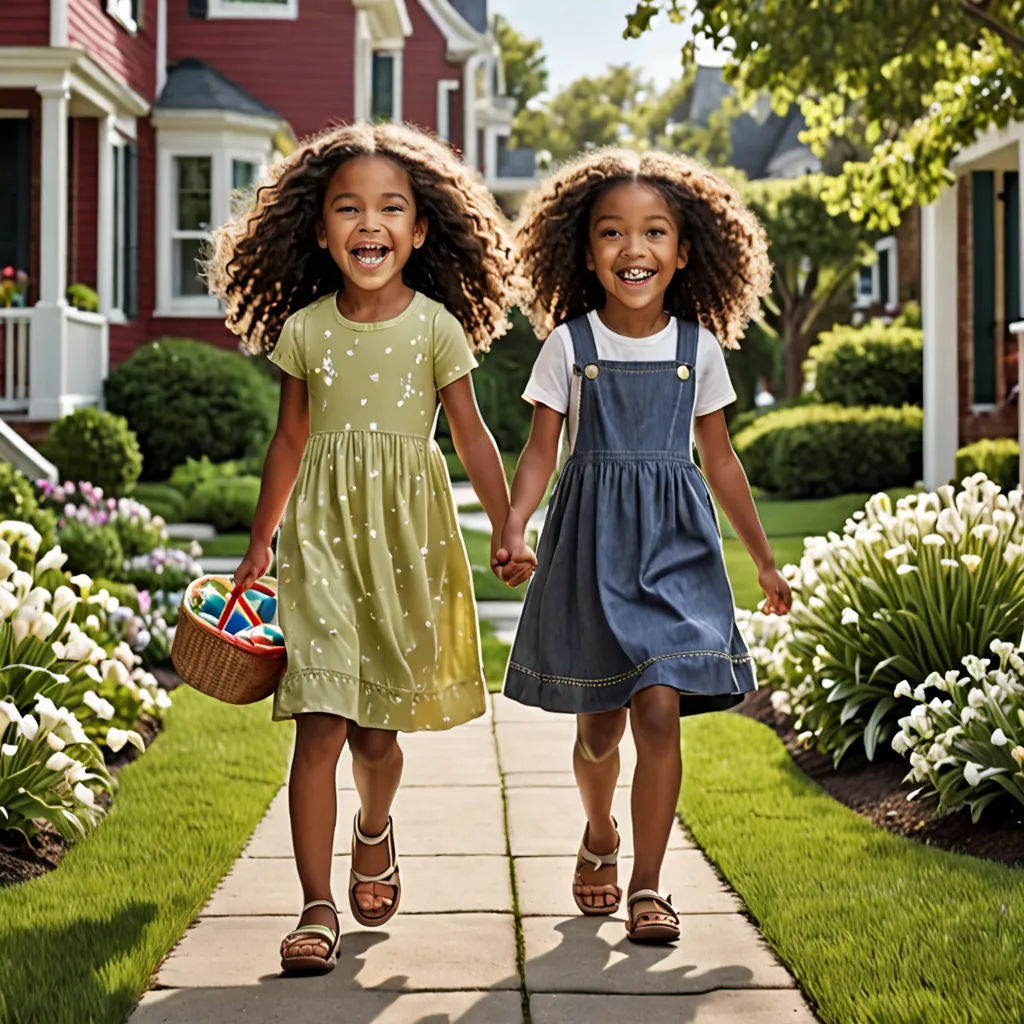 two young girls walking down a sidewalk holding hands and smiling at the camera, with a house in the background, american impressionism, a stock photo, Christian Hilfgott Brand, portrait photography