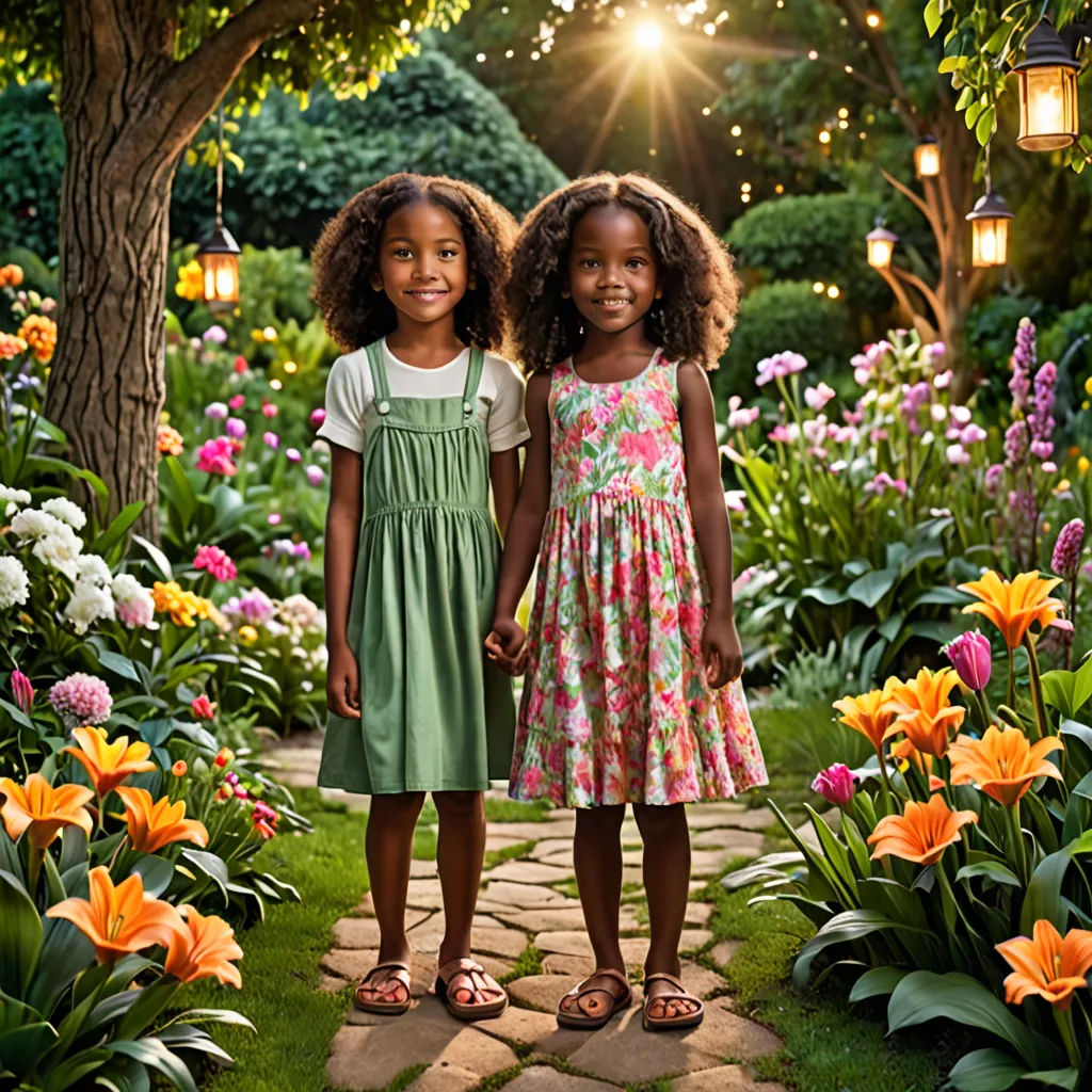 two young girls standing in a garden with flowers and lights in the background and a tree in the foreground, american impressionism, a stock photo, Christian Hilfgott Brand, portrait photography