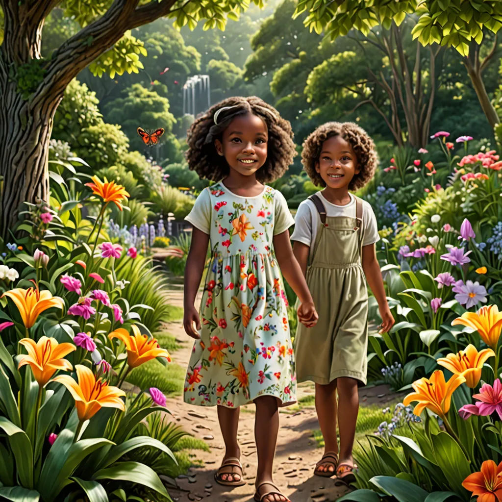 two children are walking through a garden with flowers and trees in the background, and a butterfly is flying overhead, photorealism, an oil painting, Bob Byerley, highly detailed digital painting