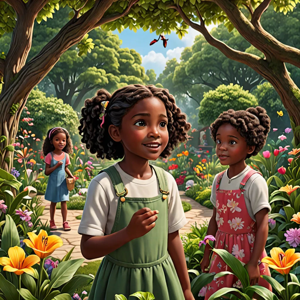 a painting of two girls in a garden with flowers and trees in the background, one of them is holding a flower in her hand, magical realism, a storybook illustration, Bob Byerley, official art