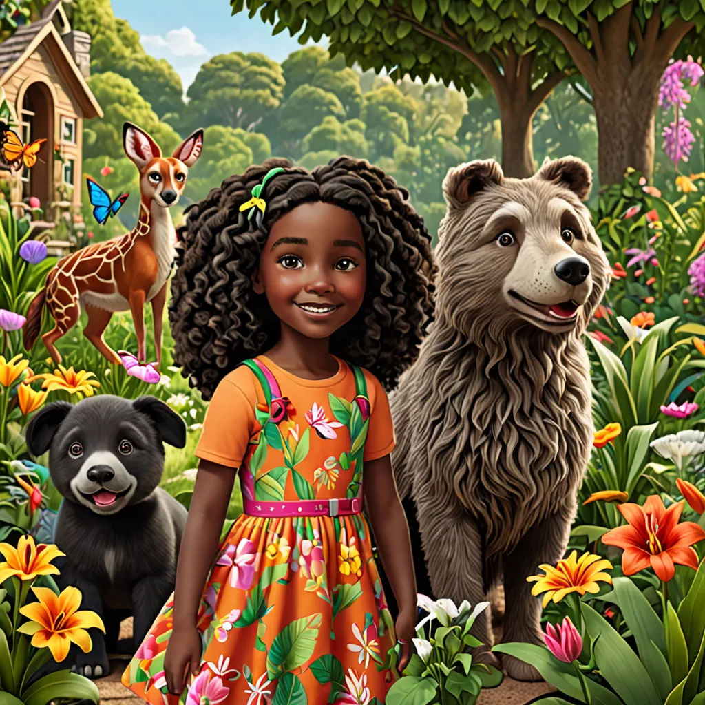 a painting of a girl and a dog in a garden with flowers and trees and a house in the background, photorealism, a poster, Chinwe Chukwuogo-Roy, promotional image