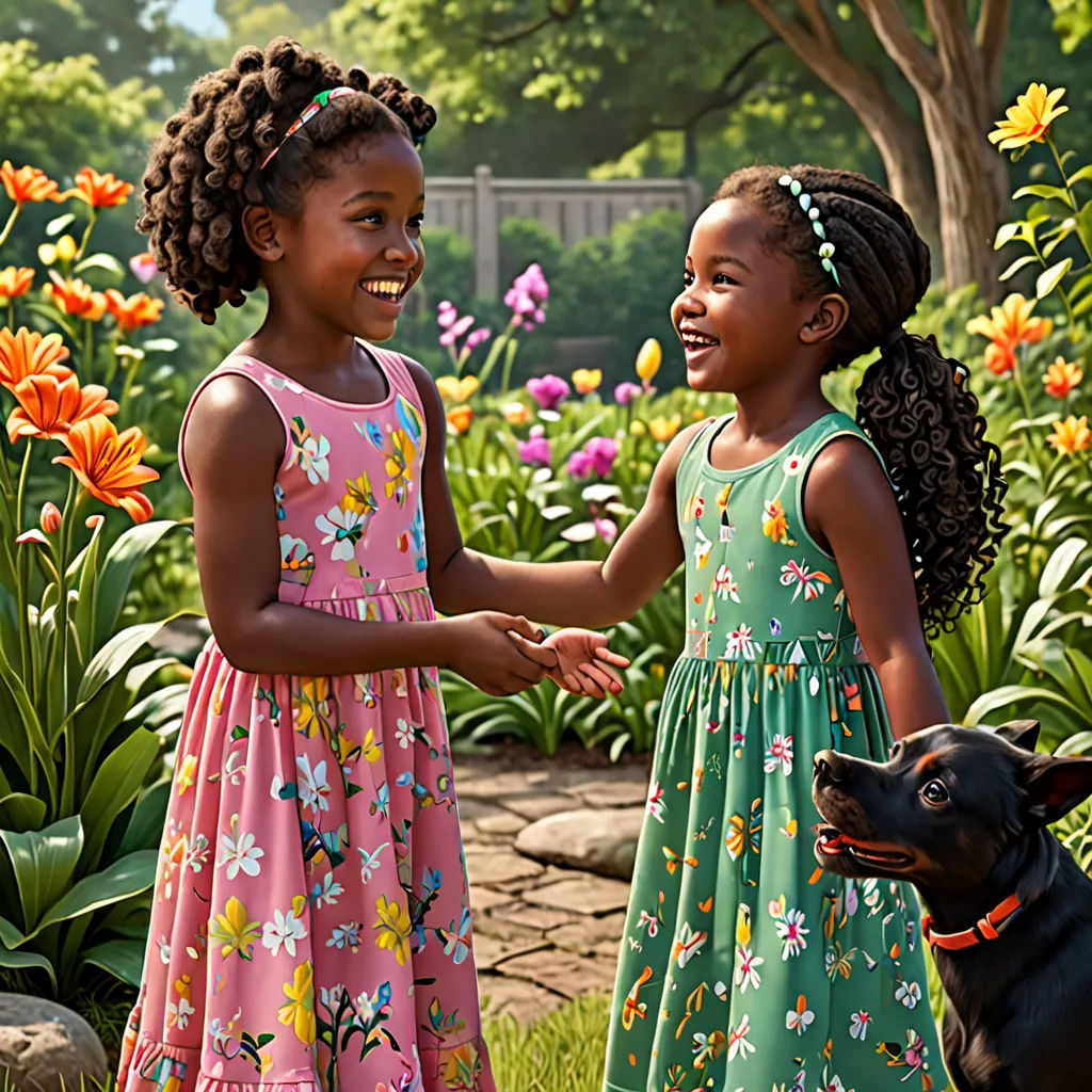 two young girls are standing in a garden with a dog and flowers in the background, and a dog is looking at the girl, american impressionism, a stock photo, disney, promotional image