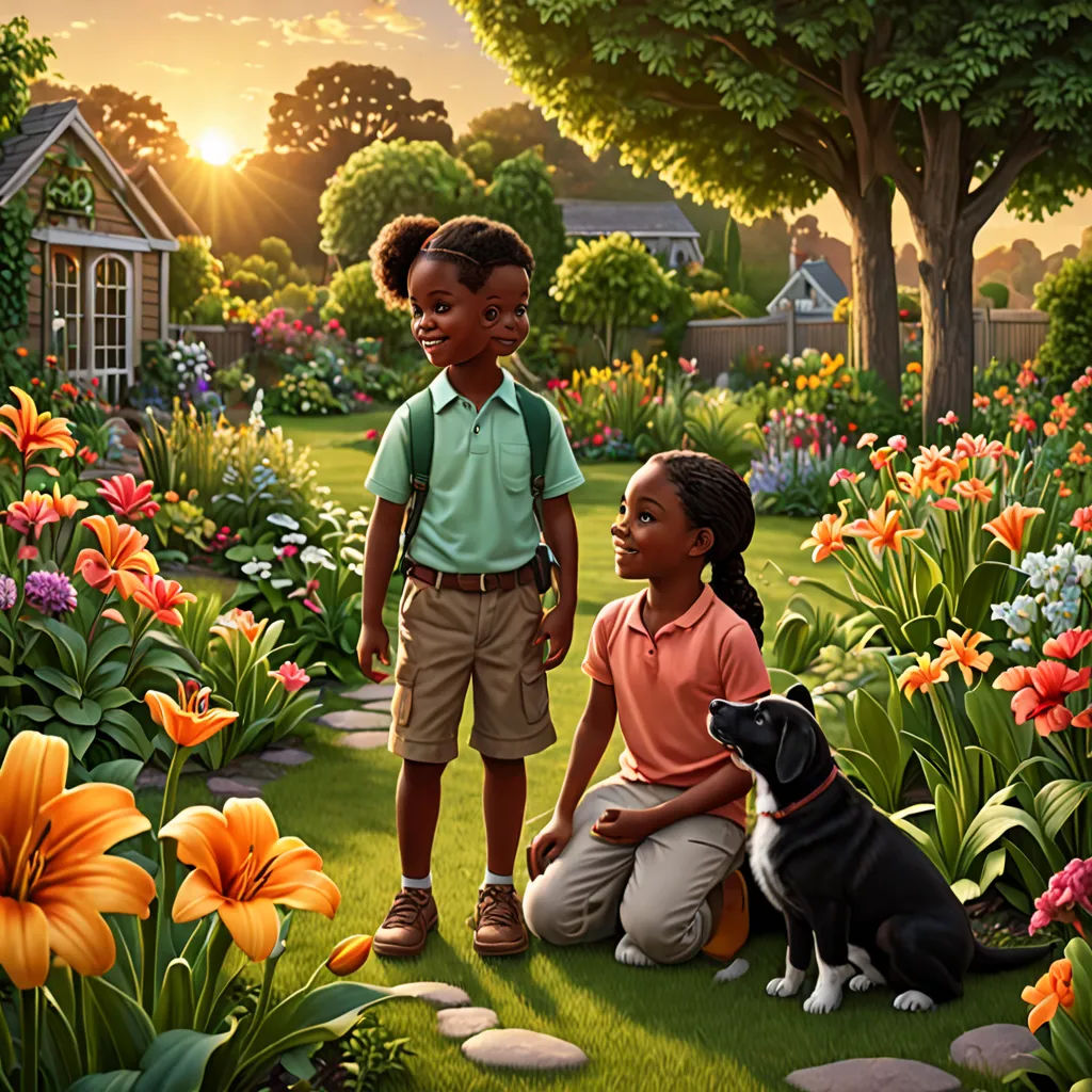 a painting of two children and a dog in a garden with flowers and trees in the background, with a dog looking at the child, american scene painting, a storybook illustration, Bob Byerley, official art