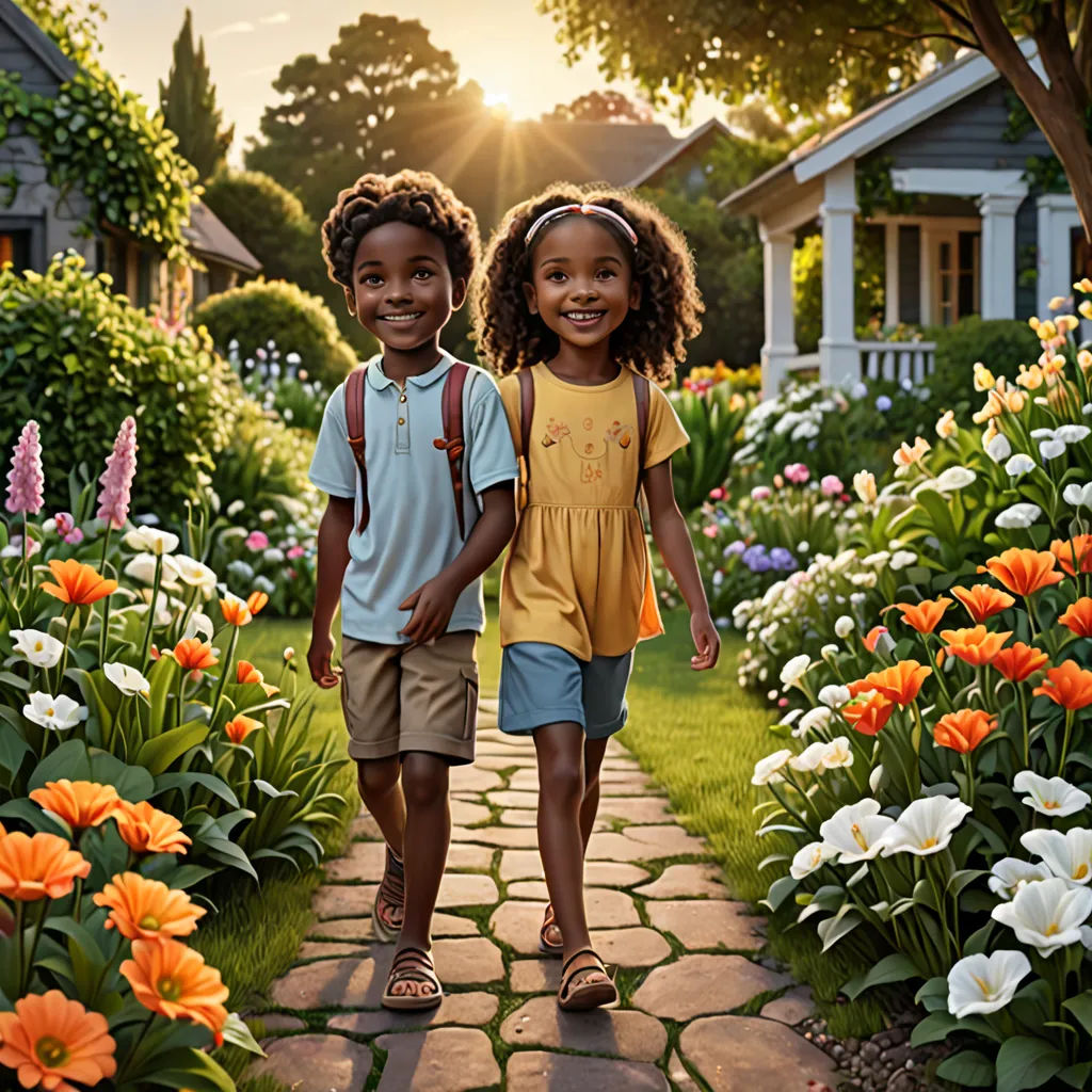 two children walking through a garden with flowers and a house in the background at sunset or dawn or dawn, american impressionism, a storybook illustration, Chris LaBrooy, promotional image