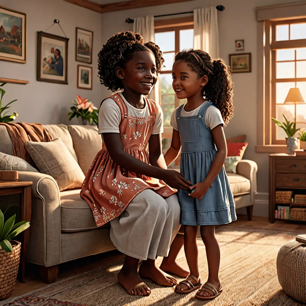 two young girls sitting on a couch in a living room together, one of them is holding the hand of the other, photorealism, a storybook illustration, Chris LaBrooy, photorealistic lighting