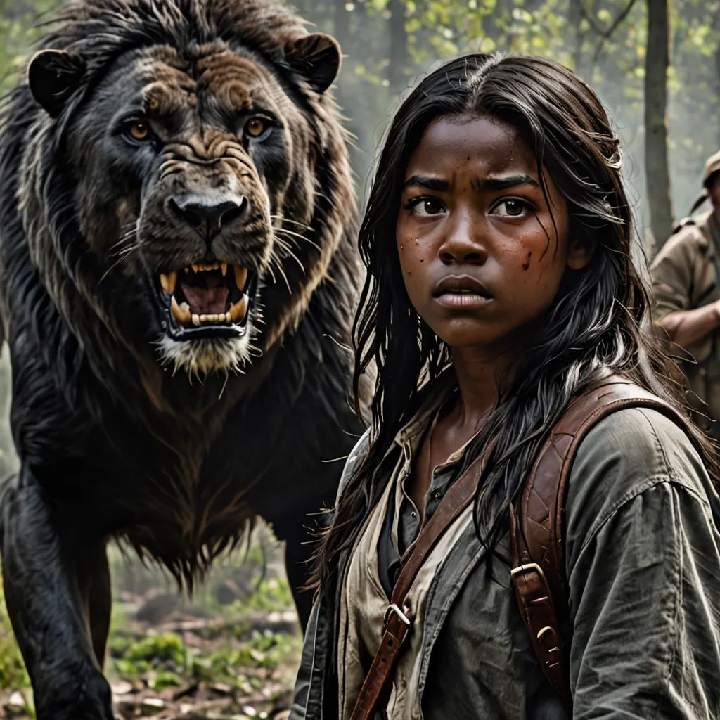 a woman standing next to a large animal in a forest with other people behind her and a bear on the other side of the picture, primitivism, a poster, Chinwe Chukwuogo-Roy, promotional image