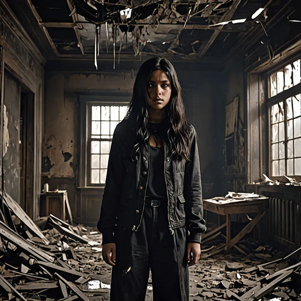 a woman standing in a room full of debris and broken windows with a clock on the wall behind her, brutalism, a character portrait, Dirk Crabeth, promotional image