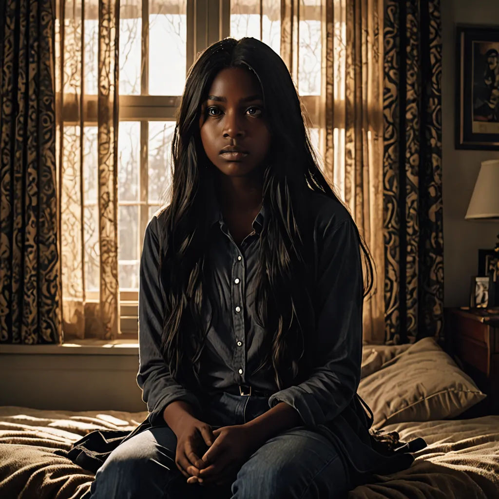 a woman sitting on a bed in a bedroom with a window behind her and a lamp on the side of the bed, american realism, a poster, Chinwe Chukwuogo-Roy, promotional image