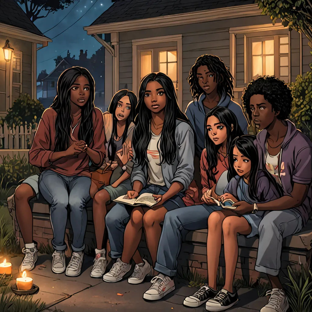 a group of people sitting on a bench in front of a house at night with a lit candle in the foreground, harlem renaissance, a comic book panel, Cedric Seaut (Keos Masons), comic cover art