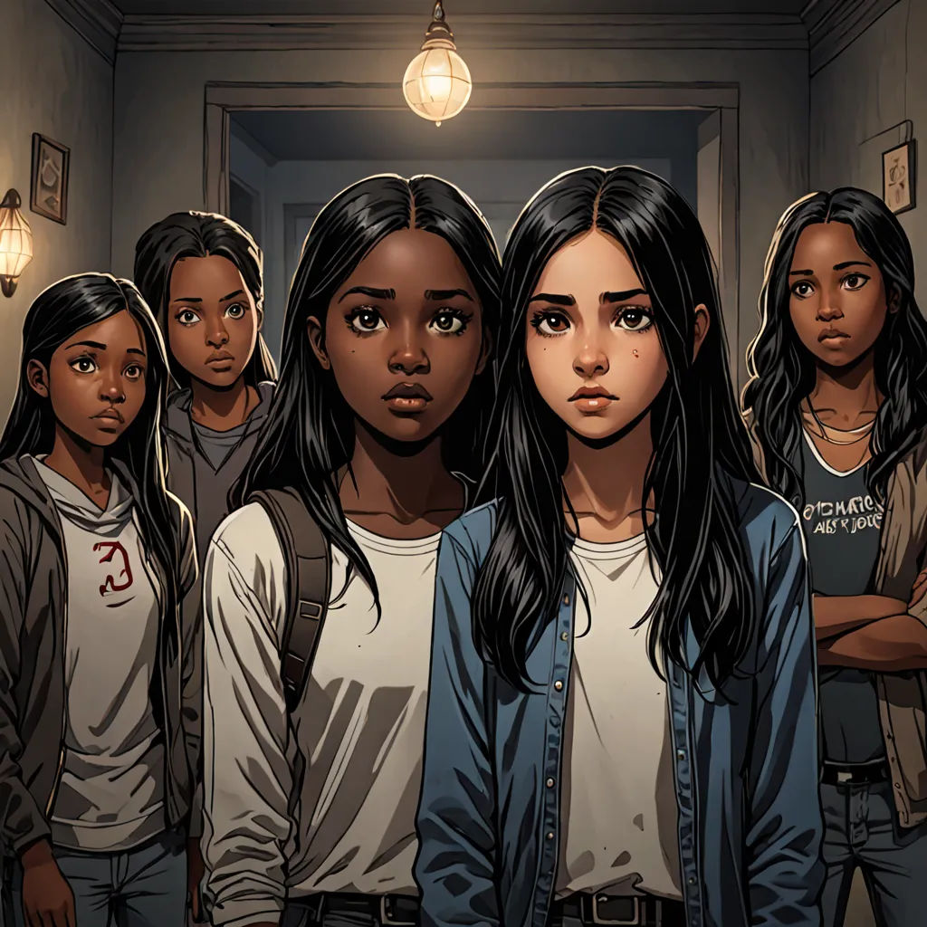 a group of young women standing in a hallway next to a doorway with a light on above them and a door way to the room, harlem renaissance, a comic book panel, Artgerm, comic cover art