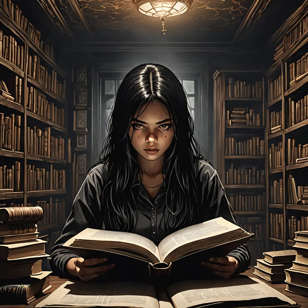 a woman sitting at a table with a book in front of her and a lamp above her head in a library, fantasy art, a storybook illustration, Bastien L. Deharme, art greg rutkowski