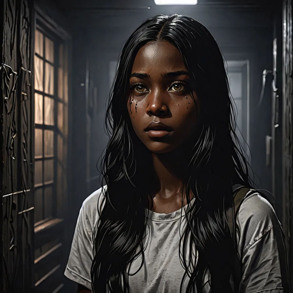 a woman with long hair standing in a dark hallway with a window behind her and a light on above her head, photorealism, a photorealistic painting, Aleksi Briclot, ultra realistic digital art