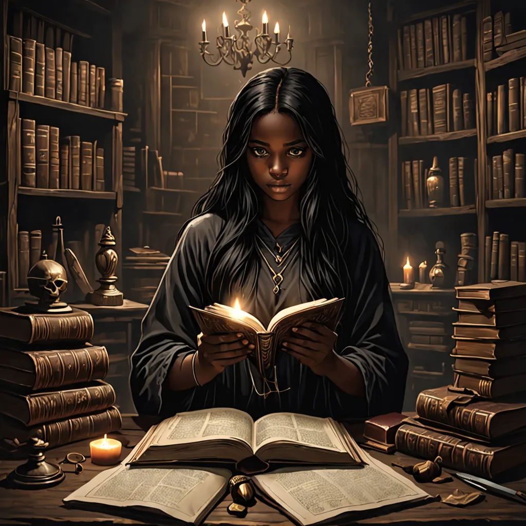 a woman reading a book in a library with a chandelier above her head and a chandelier hanging from the ceiling, fantasy art, a character portrait, Art of Brom, magic the gathering artwork