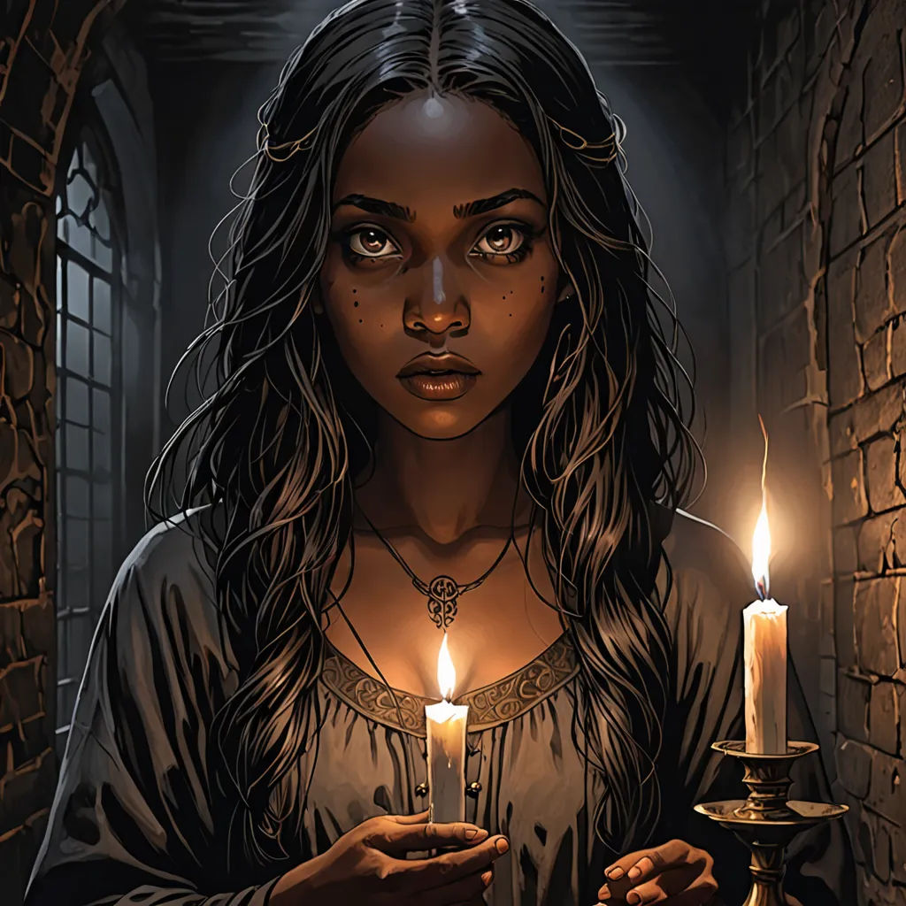 a woman holding a candle in her hands in a dark room with a brick wall and a window behind her, gothic art, a character portrait, Charlie Bowater, comic cover art