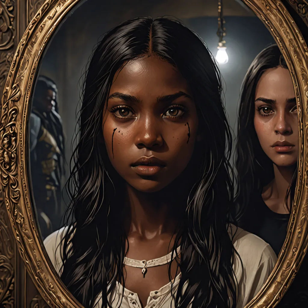 a painting of a girl looking in a mirror with a creepy look on her face and another girl standing behind her, fantasy art, a character portrait, Bastien Lecouffe-Deharme, mars ravelo and greg rutkowski