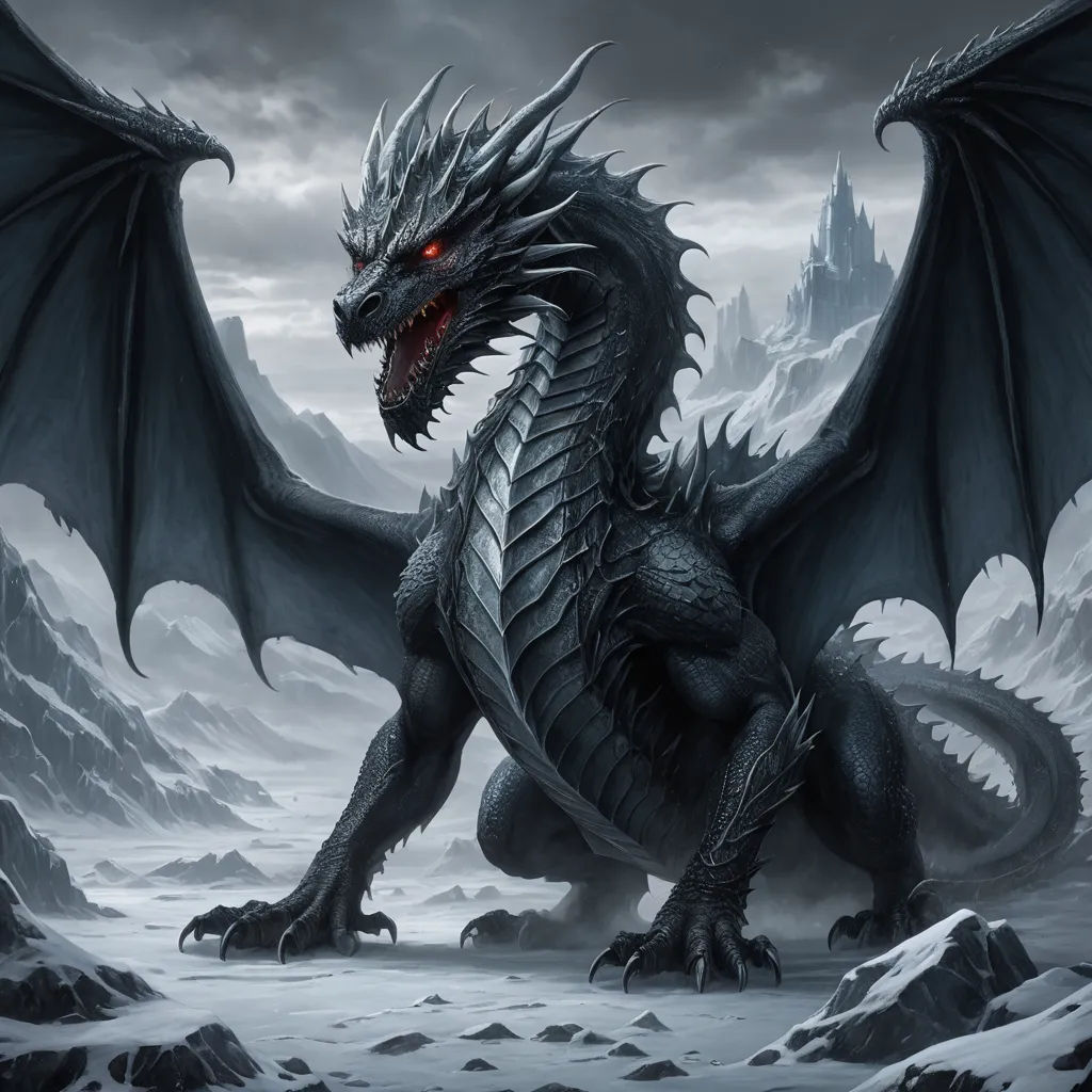 a black dragon with red eyes standing in a snowy landscape with mountains and rocks in the background, with a dark sky and clouds, fantasy art, an ultrafine detailed painting, Anne Stokes, dragon art