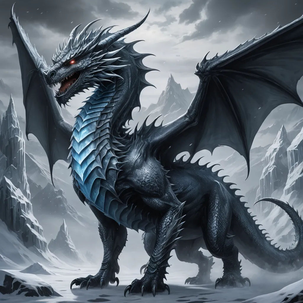 a black dragon with red eyes standing in a snowy landscape with mountains in the background and a cloudy sky, fantasy art, a detailed drawing, Anne Stokes, dragon art
